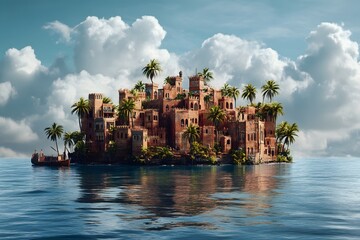 Fototapeta premium An island with a pirate shipwreck, surrounded by sea and clouds, in the center of which is an ancient Arabic city made up of red brick houses.