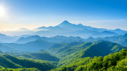 Majestic mountain range at sunrise, layered hills, tranquil valley, vibrant greenery, perfect for travel brochures.
