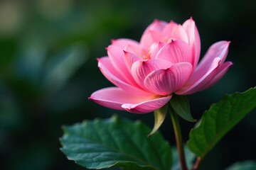 Obraz premium Delicate pink petals unfolding on a stem with dark green leaves, blossoms, flower, botanical