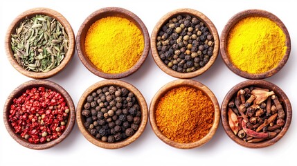 Colorful Collection of Spices in Wooden Bowls Overhead View for Culinary Use