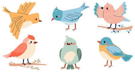 Set of spring birds illustrations in cute  childish style. Different birds. Beautiful and cute multi-coloured birds. Vector cartoon illustration in childish style. Isolated on white.