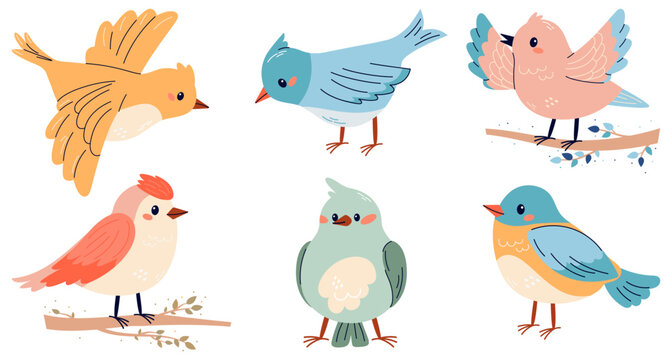 Set of spring birds illustrations in cute  childish style. Different birds. Beautiful and cute multi-coloured birds. Vector cartoon illustration in childish style. Isolated on white.