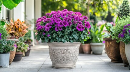 Obraz premium A flowering kale plant placed in a vintage planter, surrounded by other ornamental plants on a garden patio.