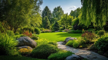 Naklejka premium A harmonious blend of green plants in a beautiful garden, their vibrant leaves flourishing in an environmentally clean space.