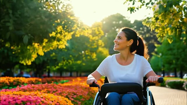 Horizontal video, happy smiling woman in a wheelchair in the park, polydactyly, person with disability