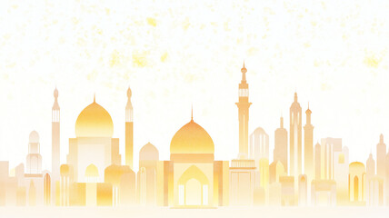 Glowing mosque outlines and soft golden accents in an elegant Islamic design
