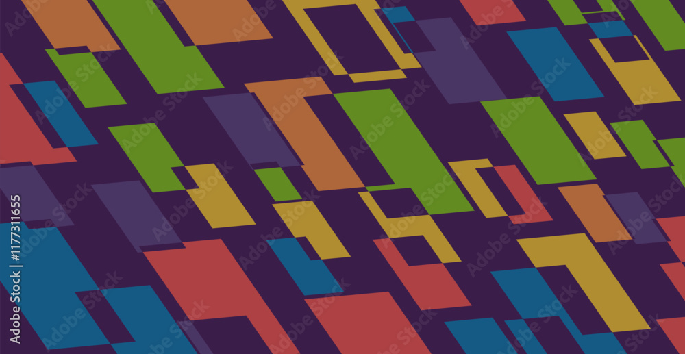 Poster abstract geometric pattern with colorful rectangular shapes on a dark purple background. modern desi