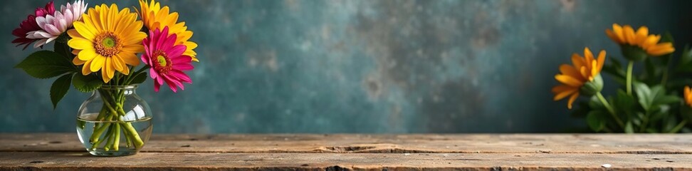 Fototapeta premium Colorful flowers on a wooden table with a simple vase, colorful, flowers