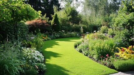Obraz premium A lush garden filled with vibrant green plants thriving in natural sunlight, showcasing the serenity of an ecologically clean place.