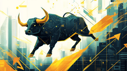 stylized bull with golden streaks charging through dynamic cityscape, symbolizing strength and energy. vibrant colors and geometric patterns create impactful visual