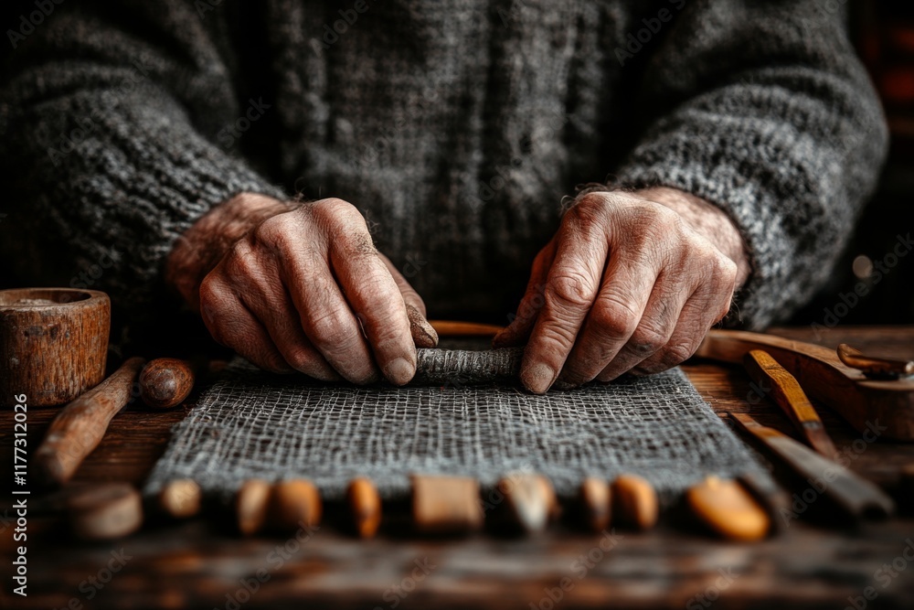 Poster a hyper-realistic close-up of a fisherman hands repairing a net in rijeka, with every detail of the 
