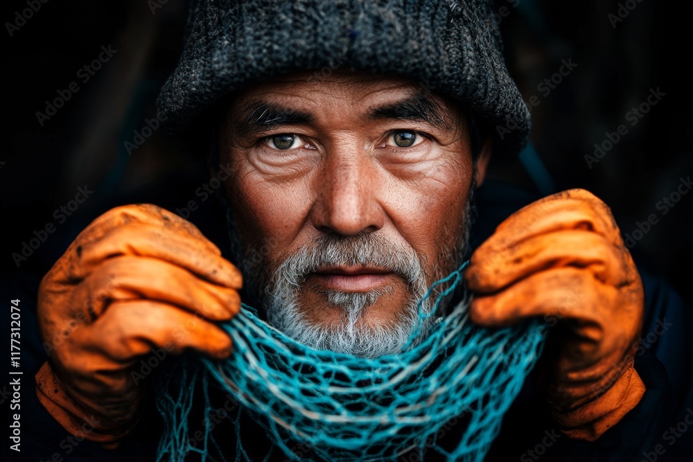Poster A hyper-realistic close-up of a fisherman hands repairing a net in Rijeka, with every detail of the weathered texture and tools captured vividly