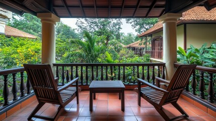 Obraz premium A luxurious resort balcony with wooden chairs and a matching table, offering a calming view of the lush garden below.