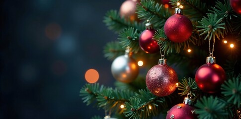 Obraz premium Christmas tree with colorful ornaments and lights, sparkly, twinkling, ornaments