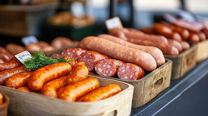 Delicious Smoked Sausages at Farmers Market Wooden Boxes