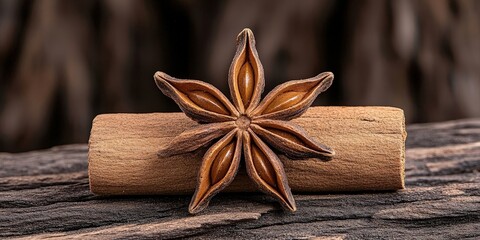 Fototapeta premium Star Anise Spice with Cinnamon Stick on Rustic Wooden Surface in Natural Light