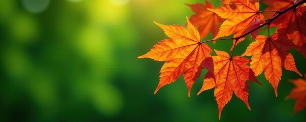 Fototapeta premium Burnt orange maple leaves against a green background, trees, foliage, tree