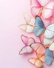 Pastel Butterflies on Pink Background Delicate Spring Floral Design