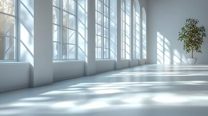 Fototapeta premium Sunlight Streams into White Room with Plant