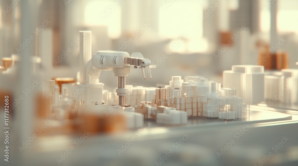 Leinwandbilder a robotic arm in a futuristic industrial setting, interacting with abstract structures.