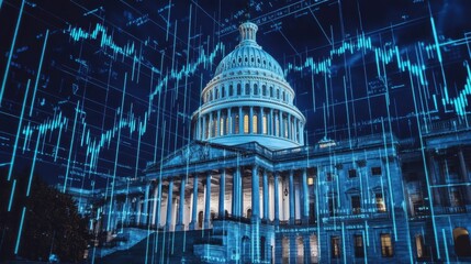 A majestic government structure with stock market data overlaying the image, illustrating economic dynamics.
