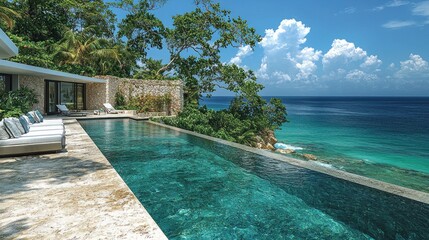Fototapeta premium Infinity pool overlooking tropical ocean at luxurious cliffside villa with lush vegetation and cloudy sky