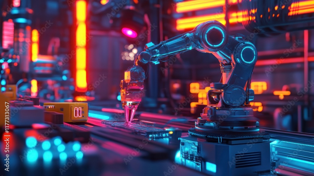 Poster a robotic arm operates in a futuristic industrial setting with neon lighting.