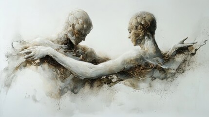 Ethereal Connections: Interwoven Human Shapes in Serene Palette Conveying Conceptual Depth