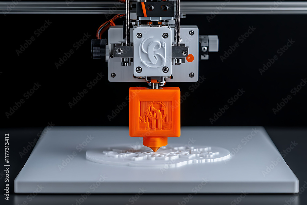 Poster three dimensional printer creating an orange cube design