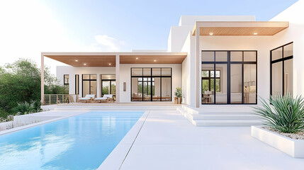 Modern white house with pool, patio, and sunny landscape; ideal for real estate or architectural design.