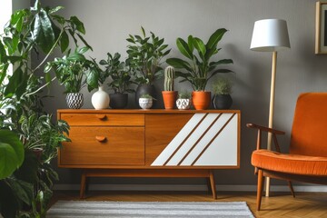 A mid century modern cabinet with many indoor plants on and around it