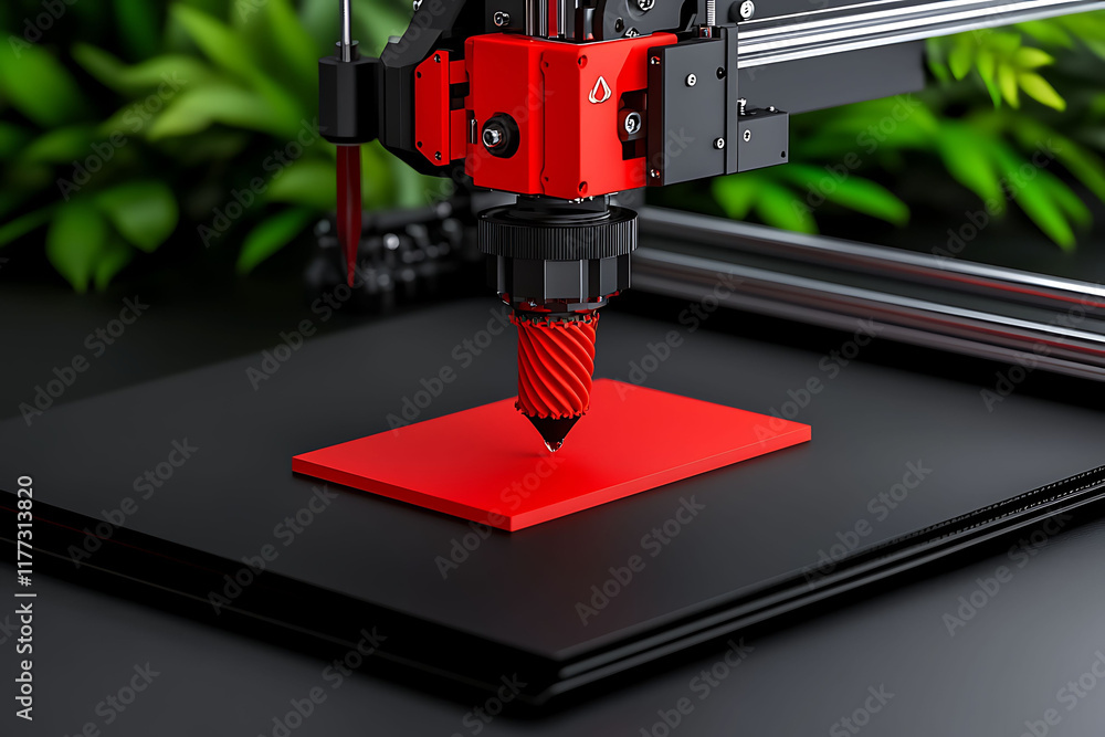 Poster red three dimensional printer creating a red object