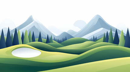 Obraz premium Mountain golf course landscape, scenic view, green hills, snowy peaks background; ideal for travel brochures.