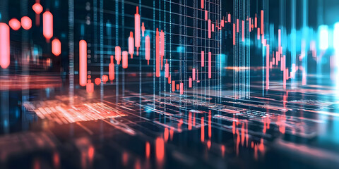 vibrant financial background featuring digital stock market graphs and data visualizations. image showcases blend of red and blue tones, creating tech inspired atmosphere