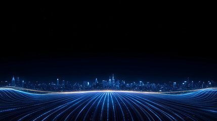 Night cityscape, digital lines converging, futuristic landscape, technology, website header.