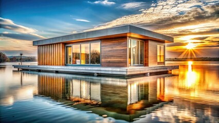 Modern, sci-fi inspired floating house; innovative water villa architecture for the future.