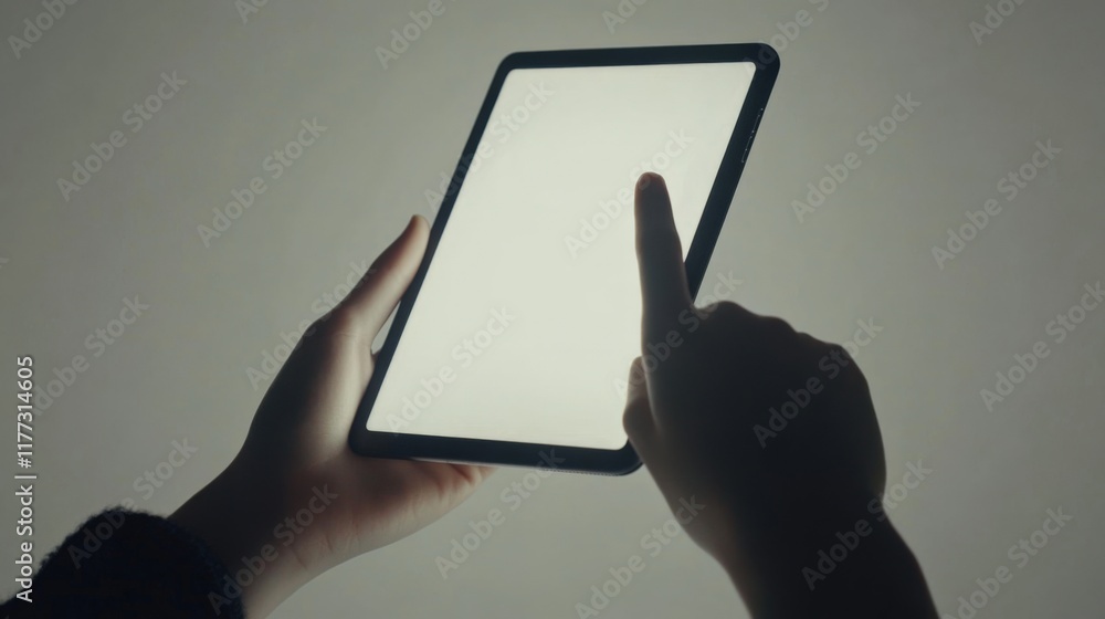 Poster hands using a tablet with a blank screen