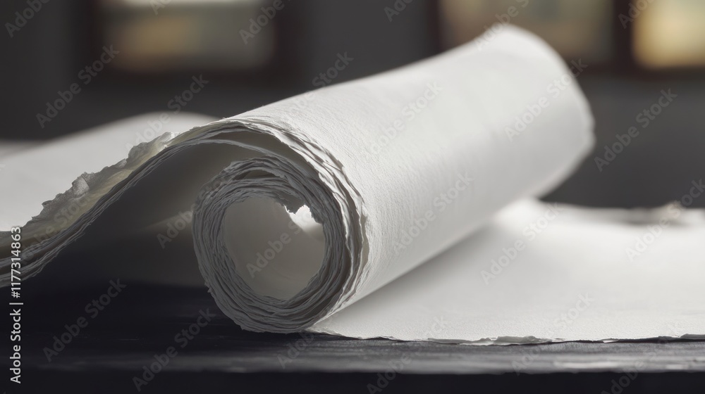 Poster a rolled sheet of white paper on a textured surface, showcasing its smooth, blank surface.