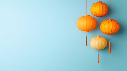 Obraz premium Orange and yellow lanterns hanging against a light blue wall, celebration, copy space, Asian culture.