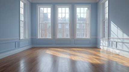 Fototapeta premium Sunlit empty blue room with hardwood floor, large windows, and city view