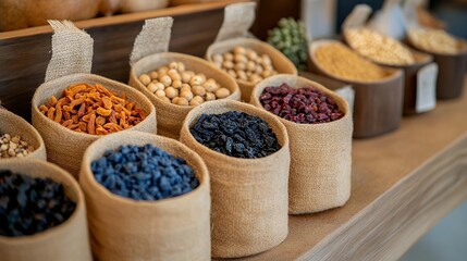 Fototapeta premium Dried Fruits and Nuts in Burlap Bags Organic Healthy Snacks