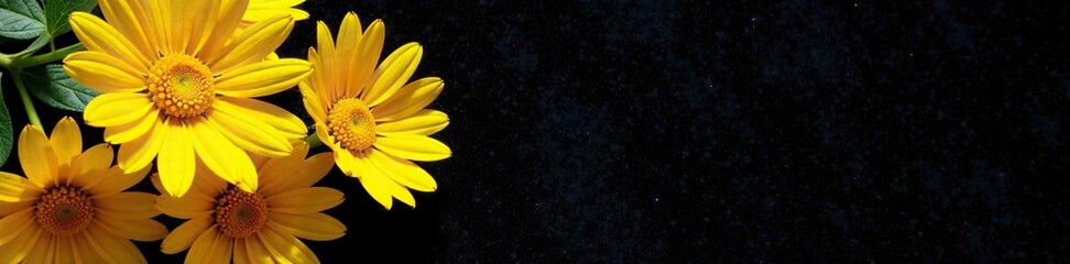 Fototapeta premium A bouquet of bright yellow daisies placed on a black velvet cloth, flower arrangement, yellow flowers, daisies