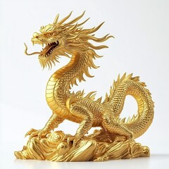 Fototapeta premium Golden Dragon Sculpture on a White Background with Elegant Details