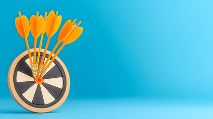 Orange darts hitting bullseye on dartboard, blue background; success concept, business presentation.