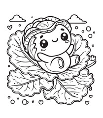 Coloring book cute cabbage lying in leaves relax 