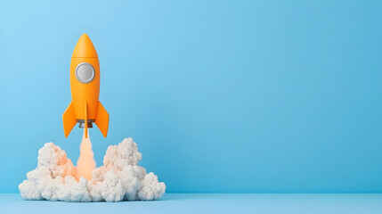 Orange rocket launching against a light blue background, symbolizing a new beginning or a successful startup. Ideal for business or technology presentations.