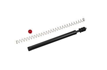 Disassembled firearm buffer tube assembly, including a spring, tube, and end caps