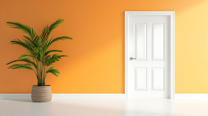 Orange wall, white door, potted palm plant, sunlight, minimalist interior design, home decor, real estate.