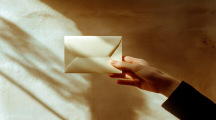 Hand Holding an Envelope on Light Background