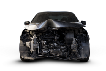 Damaged car with shattered windshield and exposed internal parts after accident. png file. transparent background
